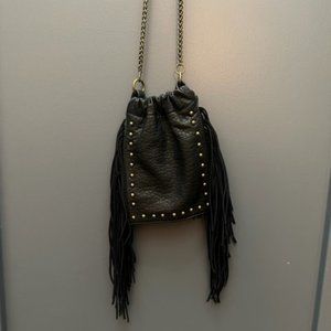 Black Vegan Leather / Suede Fringed Purse! Chain strap and metal studs!